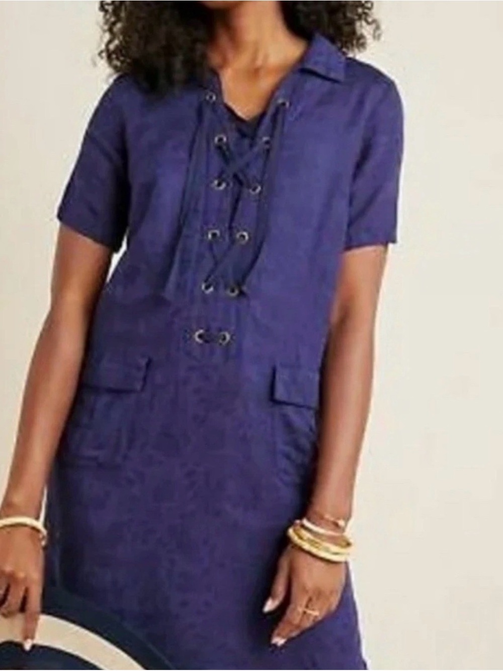 Anthropologie Finley Floral Jacquard Lace-Up Shirt Dress Navy/purple Size 12